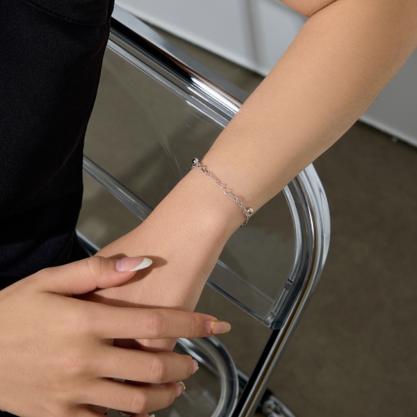 银S925光面圆珠吊坠压齿纹子母链压花单心链拼接手链