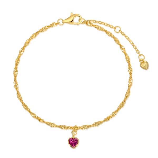 银S925玫红色心形吊坠水波链简约设计手链