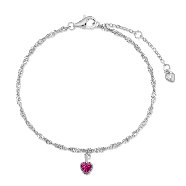 银S925玫红色心形吊坠水波链简约设计手链