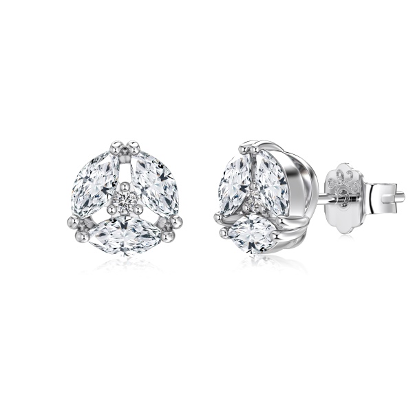 银S925白色马眼石镶嵌圆形小花精致时尚耳钉