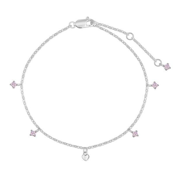 银S925粉色圆锆光面爱心多吊坠设计小巧精致时尚手链