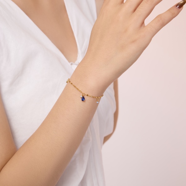 银S925蓝色水滴小圆锆镶嵌嘴唇链精致小巧手链