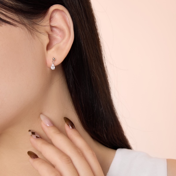 银S925白色水滴梨形吊坠光面圆珠精致小巧耳钉