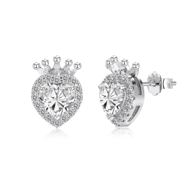 银S925皇冠爱心圆锆镶嵌精致时尚公主套装耳钉