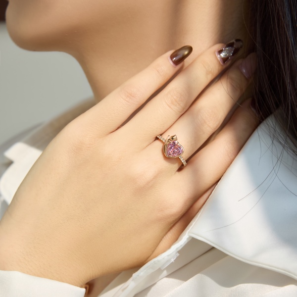 银S925粉色心形爱心郁金香花朵玫瑰金设计公主风精致时尚套装戒指