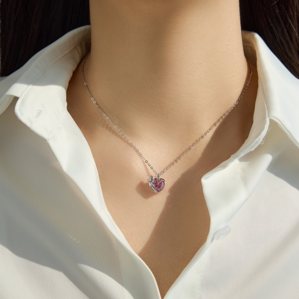 银S925粉色心形爱心郁金香花朵玫瑰金设计公主风精致时尚套装项链