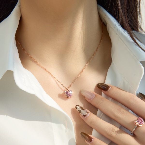 银S925粉色心形爱心郁金香花朵玫瑰金设计公主风精致时尚套装项链