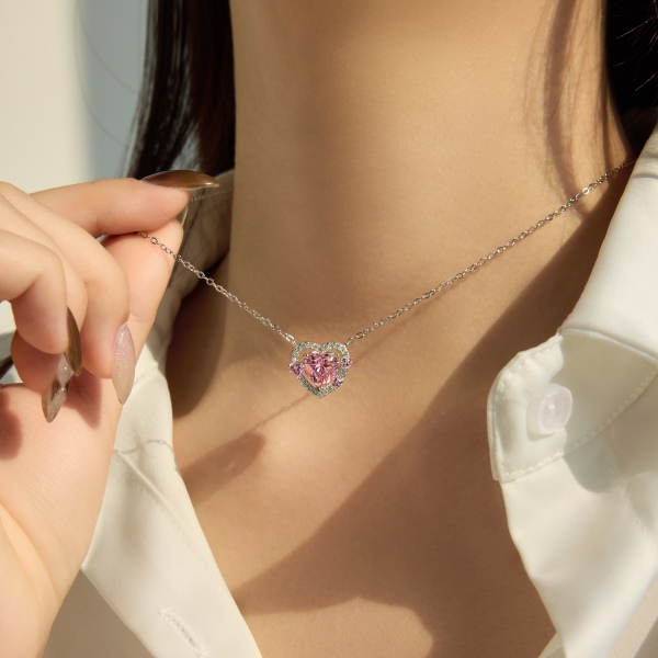 银S925粉色心形爱心白色圆锆镶嵌镂空设计公主风精致时尚套装项链