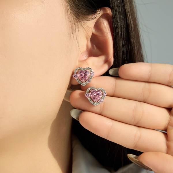 银S925粉色心形爱心白色圆锆镶嵌镂空设计公主风精致时尚套装耳钉
