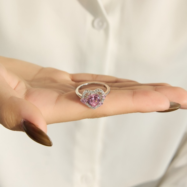 银S925粉色心形爱心白色圆锆镶嵌镂空设计公主风精致时尚套装戒指
