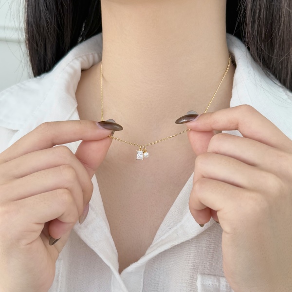 银S925长方锆石珍珠精致复古项链