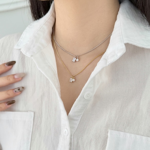 银S925长方锆石珍珠精致复古项链