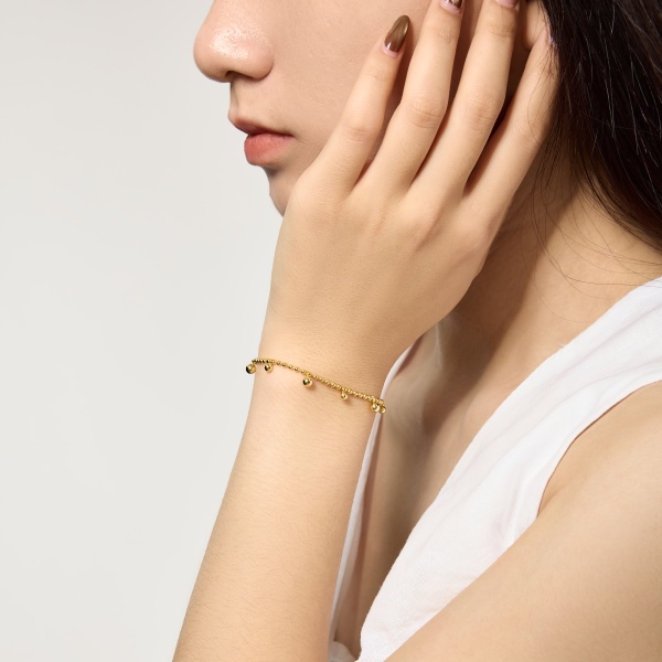 银S925光面立体爱心吊坠双排圆珠链小众时尚INS手链