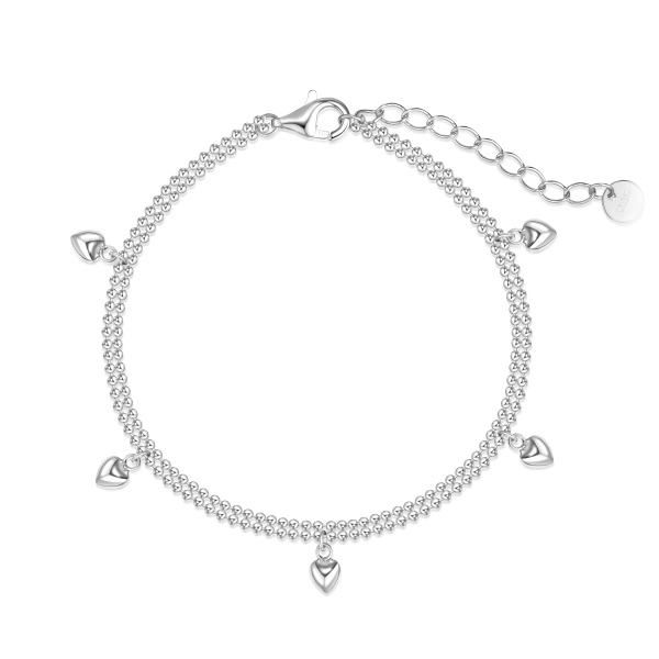 银S925光面立体爱心吊坠双排圆珠链小众时尚INS手链