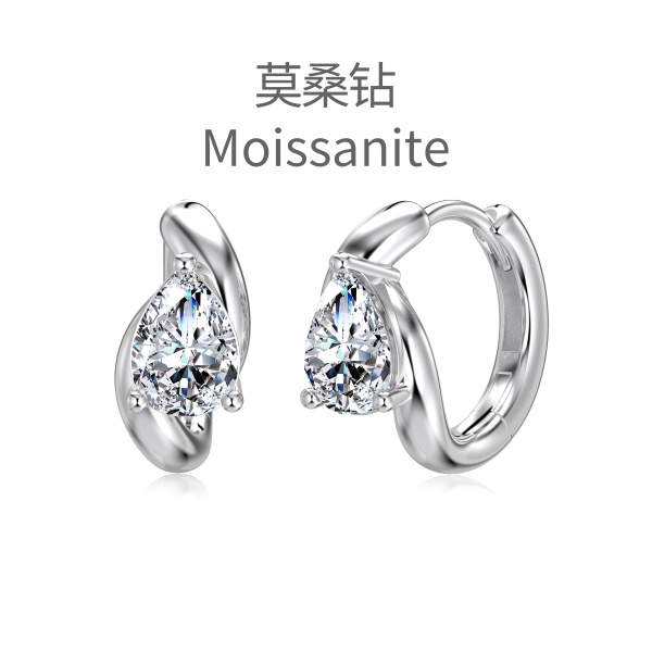 「莫桑钻 Moissanite 系列」银S925白色梨形水滴莫桑钻线条耳圈精致日常耳环