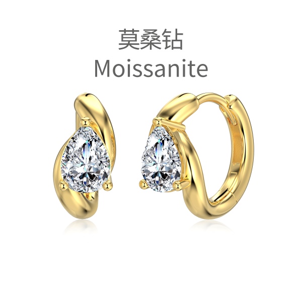 「莫桑钻 Moissanite 系列」银S925白色梨形水滴莫桑钻线条耳圈精致日常耳环