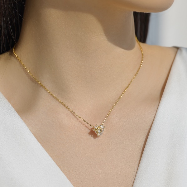 银S925白色心形爱心圆锆镶嵌蝴蝶结礼物甜酷个性套装项链