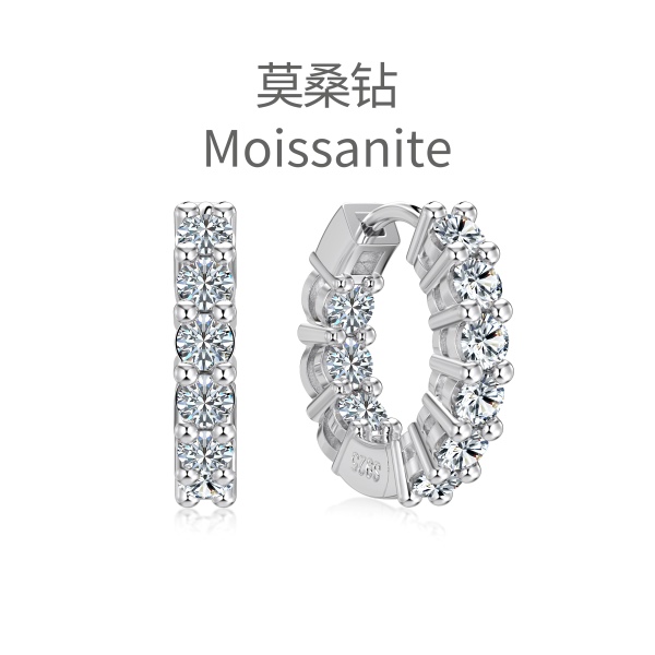 「莫桑钻 Moissanite 系列」银S925白色圆形莫桑钻正反面镶嵌小众时尚设计耳环耳圈