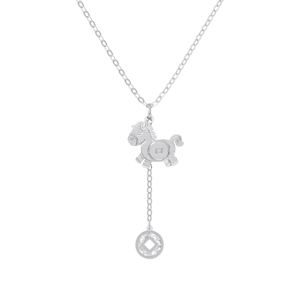 银S925马上有钱生肖小马铜钱流苏极简项链