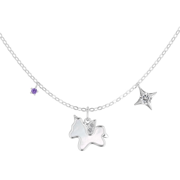 银S925白色小马驹贝壳独角兽星星紫色小圆锆吊坠时尚小众高级感项链