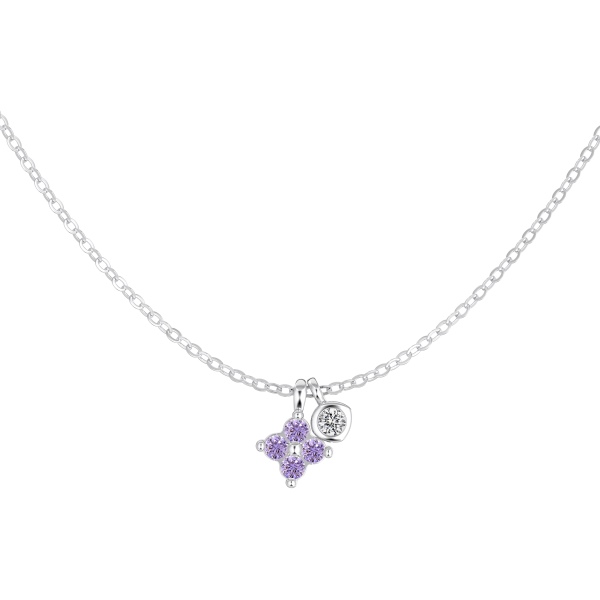银S925浅紫色四叶草白色不规则圆锆吊坠精致时尚小众项链