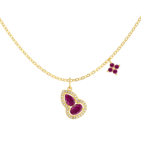 银S925旦形水滴红刚色满钻葫芦红色四叶草吊坠时尚精致小众项链