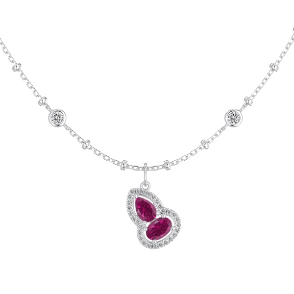 银S925旦形梨形红刚色满钻镶嵌葫芦白色圆锆吊坠小众时尚精致项链