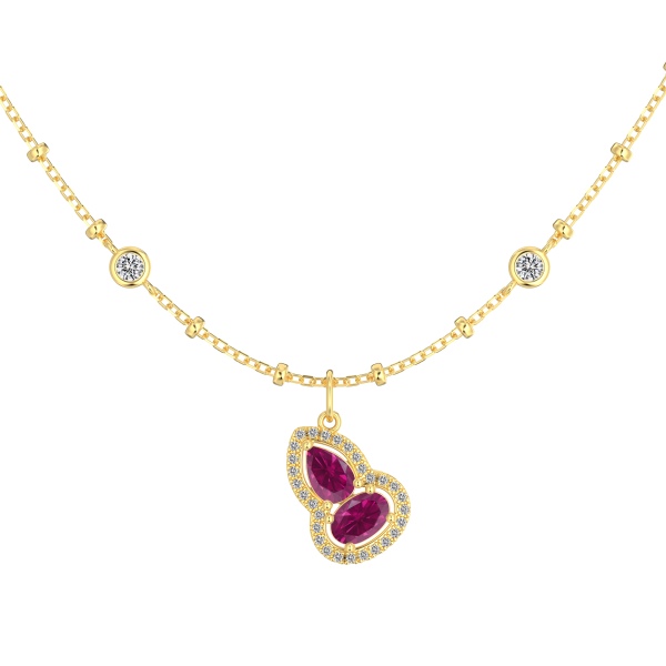 银S925旦形梨形红刚色满钻镶嵌葫芦白色圆锆吊坠小众时尚精致项链