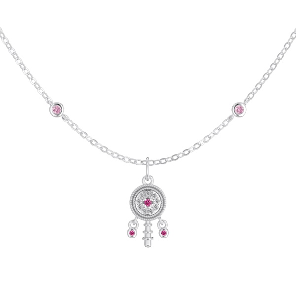 银S925白色玫红色粉色圆锆镶嵌拨浪鼓吊坠小众时尚精致项链