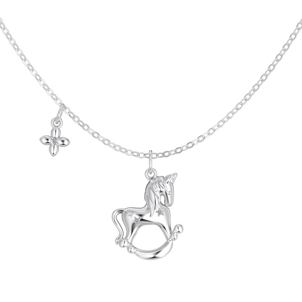 银S925白色圆锆镶嵌木马四叶草光面设计马年小众时尚项链