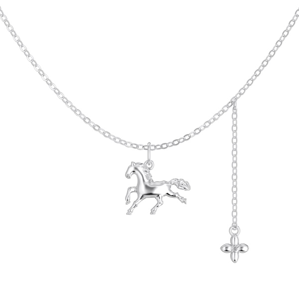 银S925白色圆锆镶嵌策马奔腾四叶草光面小马吊坠马年小众设计项链