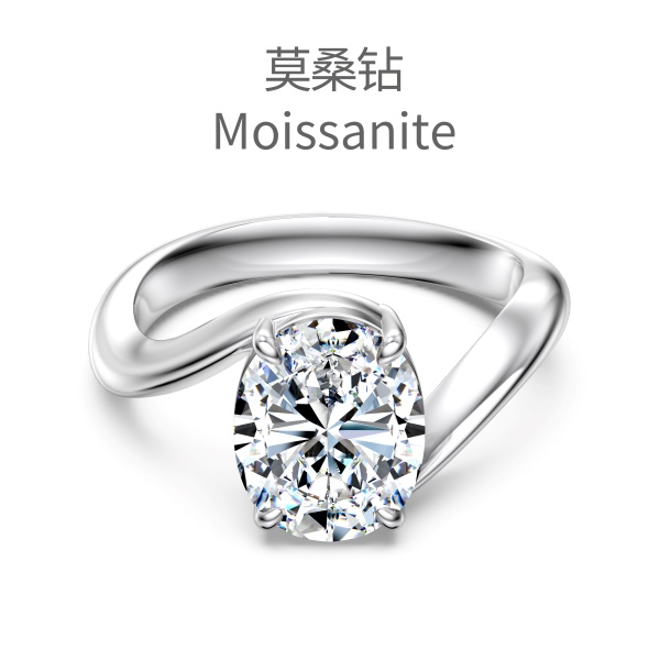 「莫桑钻 Moissanite 系列」银S925白色旦形椭圆莫桑钻主石单钻戒指