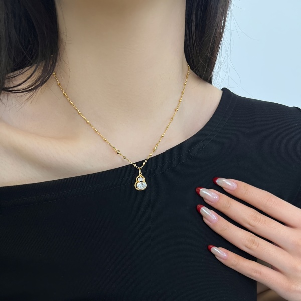 银S925白色旦形镶嵌葫芦黄色圆锆吊坠小众时尚精致项链