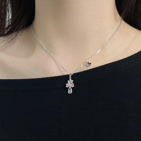 银S925精致立体Kitty猫粉色蝴蝶结爱心叉子小众设计项链