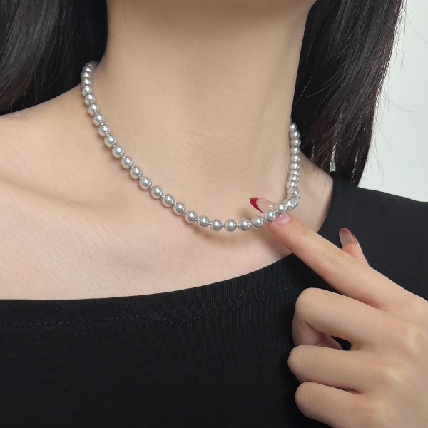 银S925白色珍珠贝珠元宝扣简约时尚优雅项链