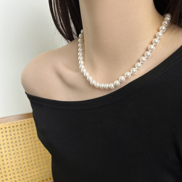 银S925白色珍珠贝珠元宝扣简约时尚优雅项链