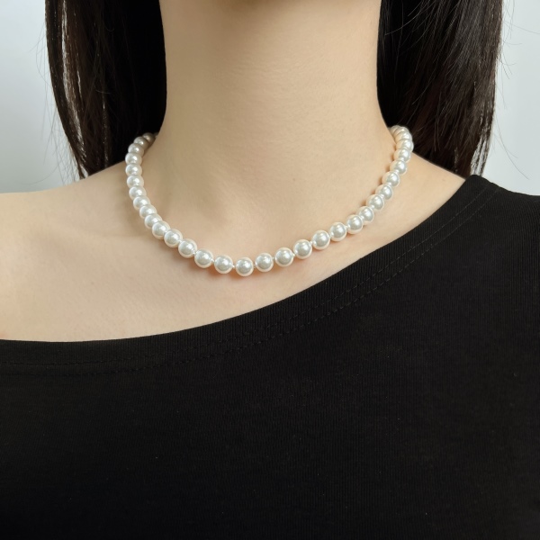 银S925白色珍珠贝珠元宝扣简约时尚优雅项链