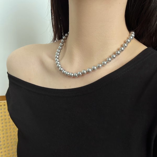 银S925白色珍珠贝珠元宝扣简约时尚优雅项链