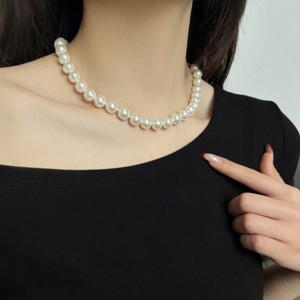 银S925白色珍珠贝珠元宝扣简约时尚优雅项链