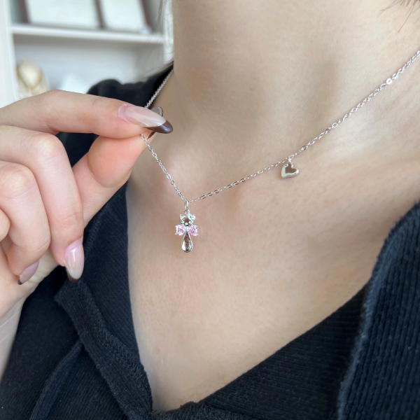 银S925精致立体Kitty猫粉色蝴蝶结爱心勺子小众设计项链