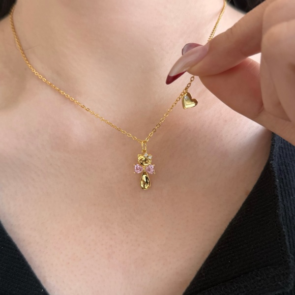 银S925精致立体Kitty猫粉色蝴蝶结爱心勺子小众设计项链