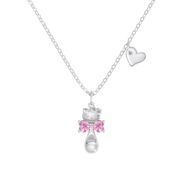 银S925精致立体Kitty猫粉色蝴蝶结爱心勺子小众设计项链