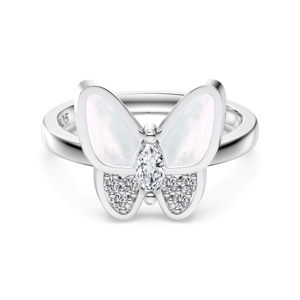 银S925白色马眼圆锆镶嵌白贝壳蝴蝶造型小众时尚戒指套装