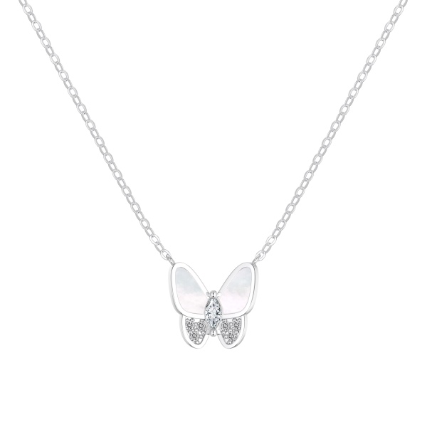 银S925白色马眼圆锆镶嵌白贝壳蝴蝶造型小众时尚项链套装