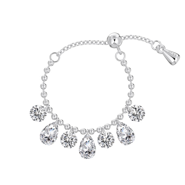 银S925白色打孔钻圆形水滴5A锆石悬浮设计圆珠手指链链条戒指简约时尚小众伸缩可调节设计