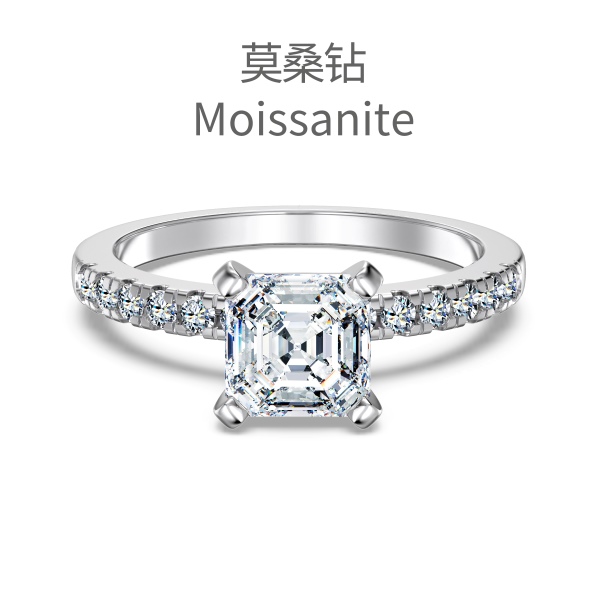 「莫桑钻 Moissanite 系列」跨境爆款S925白色四爪方形小排钻镶嵌小巧闪耀轻奢戒指