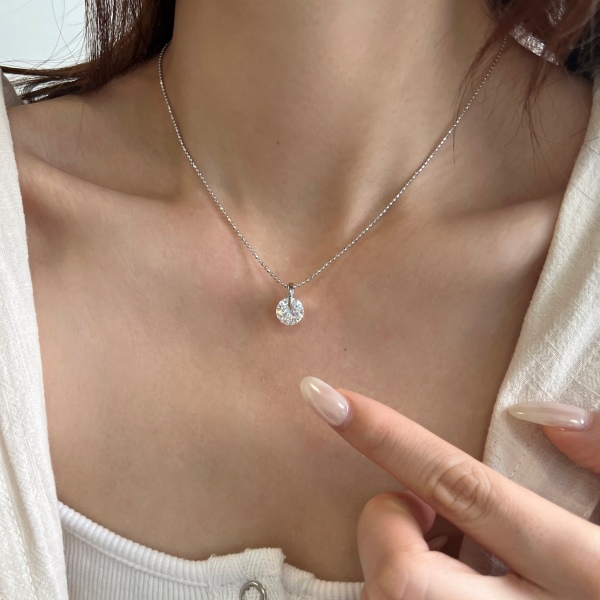 「莫桑钻 Moissanite 系列」银S925白色莫桑钻圆形单钻悬浮设计可转动吊坠时尚简约小众珠子链项链
