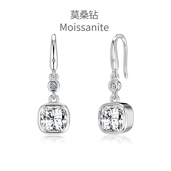「莫桑钻 Moissanite 系列」银S925白色肥正方莫桑钻镶嵌小众时尚耳钩耳环