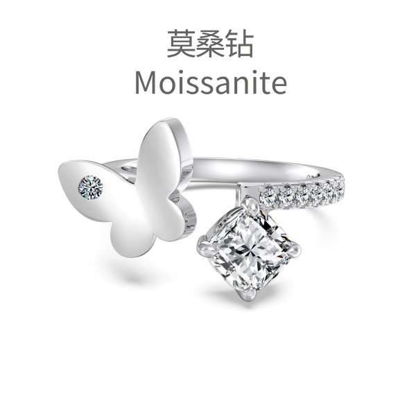 「莫桑钻 Moissanite 系列」银S925白色肥正方圆形镶嵌立体蝴蝶小众时尚高级感开口戒指