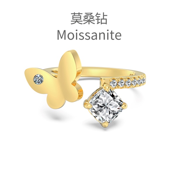 「莫桑钻 Moissanite 系列」银S925白色肥正方圆形镶嵌立体蝴蝶小众时尚高级感开口戒指